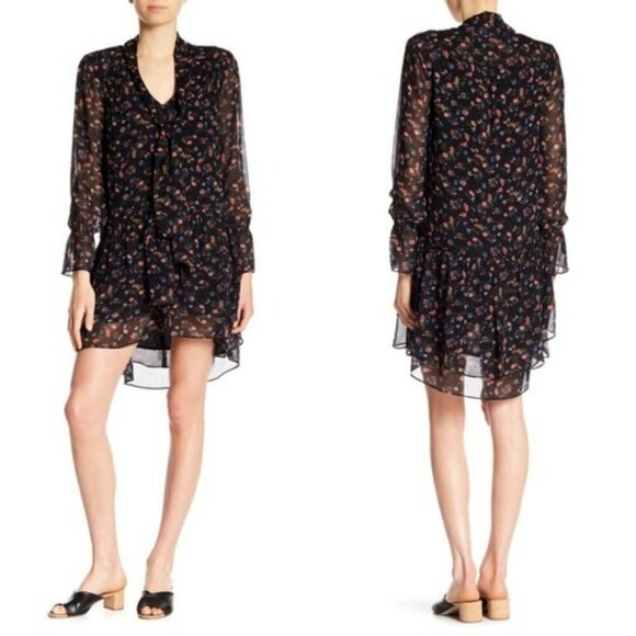 Joie Jamira Black 100% Silk Floral Tie Neck Lined Tiered Ruffle Mini Swing Dress - Picture 15 of 15